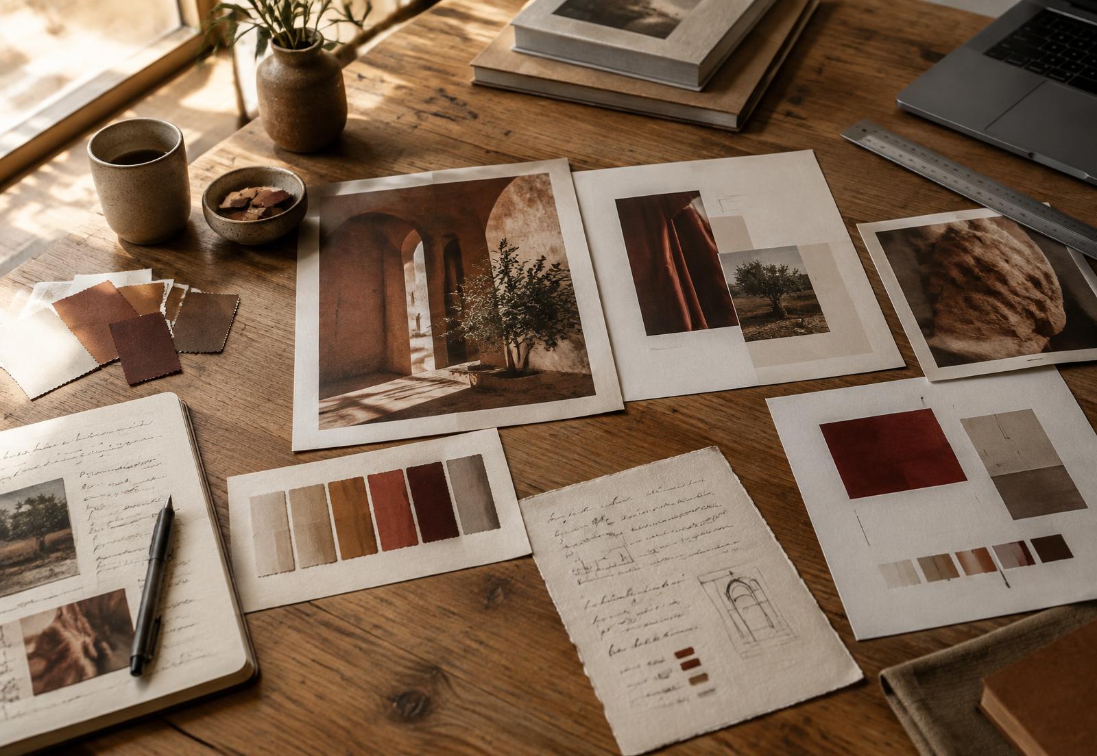 Editorial layouts and creative materials on a studio worktable